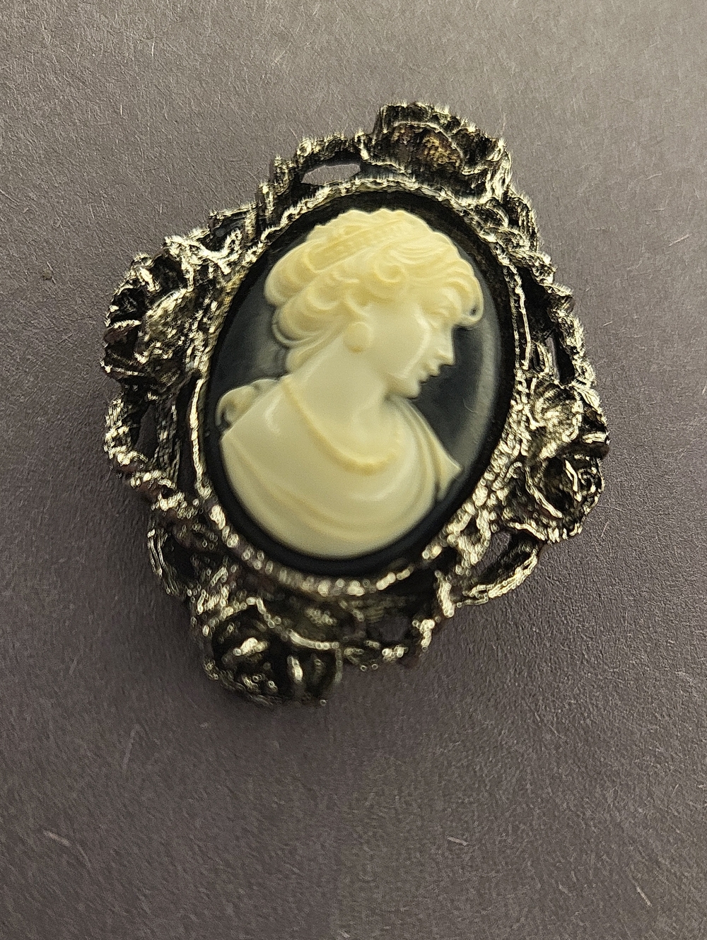 Vintage-Inspired Black and Ivory Cameo Brooch